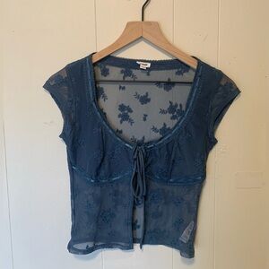 Garage Blue Lace Sheer Tie Front Top XS